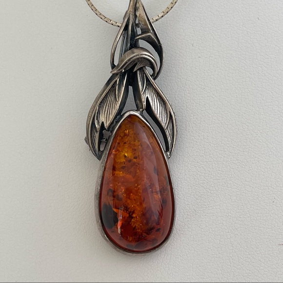 Vintage Sterling silver 925 Baltic Amber necklace pendant pin earrings brooch - Picture 7 of 16